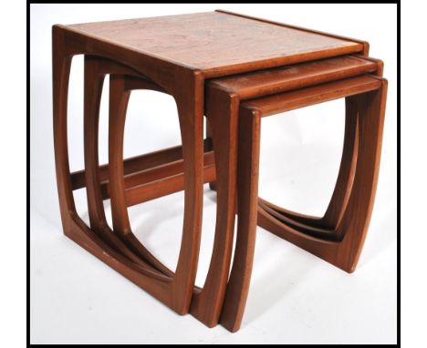 G plan &ndash; Quadrille pattern &ndash; A retro vintage 1960's teak wood trio nest of graduating tables designed by R. Benne