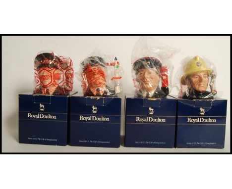 A group of four Royal Doulton "Journey Through Britain" character jugs Fireman D6839, Policeman D6852, Postman D6801 and Engi