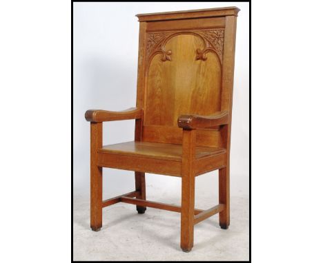 A good large believed early 20th century / late 19th century carved oak throne chair of eclesiastical church origin. Carved e