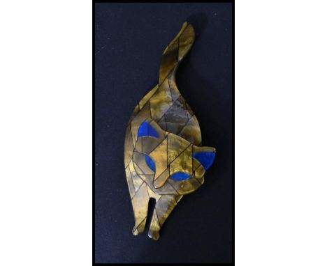 L&eacute;a Stein b1936: A vintage 20th century compressed plastic brooch cat. Lea Stein pin to verso.