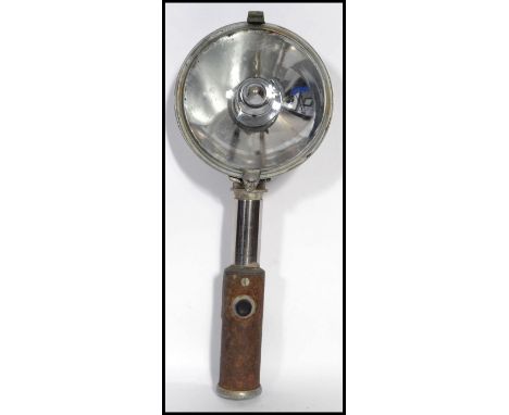 A vintage mid 20th century hand held chrome Lucas trouble lamp torch. Cylindrical chrome handle with large Lucas lamp atop. 3
