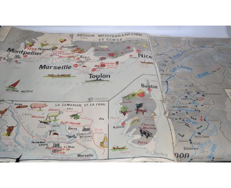 A vintage mid century French " Region Mediterraneenne et Corse Carte Economique " school poster together with another&nbsp;