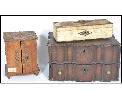 A group of vintage boxes dating from the 19th century to include a white painted glove box , a jewellery box cabinet and a ca