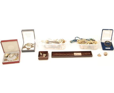 A group of vintage costume jewellery to include a hallmarked 9ct gold St Christopher's necklace pendant / fob , marcasite jew