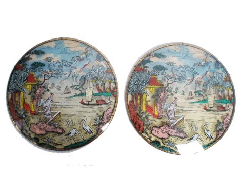 A pair of 1950's convex glass transfer printed retro wall paintings. Each with convex glass having geisha's and scenes of vil