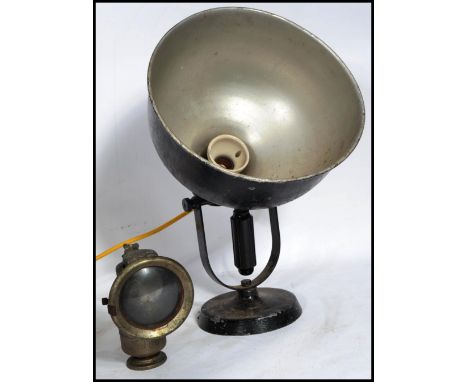 A vintage mid century industrial black spot desk lamp on terraced base with large pendant shade in black colourway together w