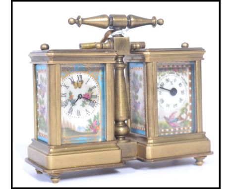 A vintage early 20th century brass carriage style clock and barometer compendium with porcelain dials and sides decorated wit
