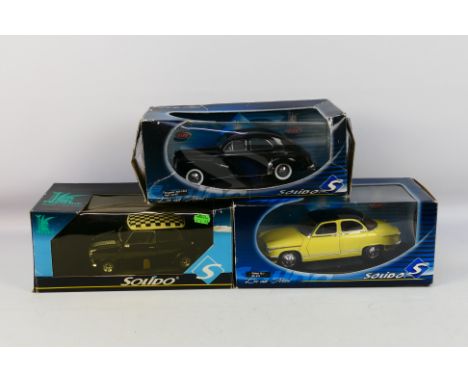 Solido - Three boxed 1:18 scale diecast model cars by Solido, comprising of #9736 Mini Cooper S; #8145 1954 Peugeot 203, toge