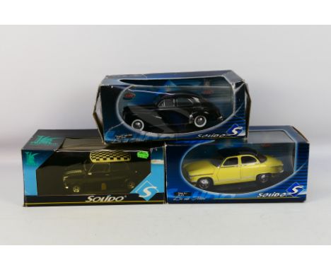 Solido - Three boxed 1:18 scale diecast model cars by Solido, comprising of #9736 Mini Cooper S; #8145 1954 Peugeot 203, toge