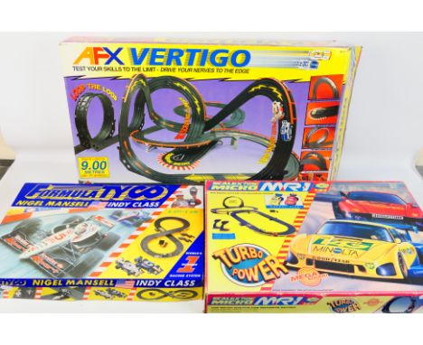 Tomy AFX - Scalextric - Tyco - 3 x slot car sets, Tomy AFX Vertigo with 2 x BMW 3 series cars # 8661, Scalextric Micro Porsch