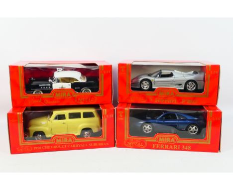 Mira - Four boxed diecast 1:18 scale model cars from Mira. Lot consists of Ferrari 348, 1995 Ferrari F50; 1955 Buick Century;