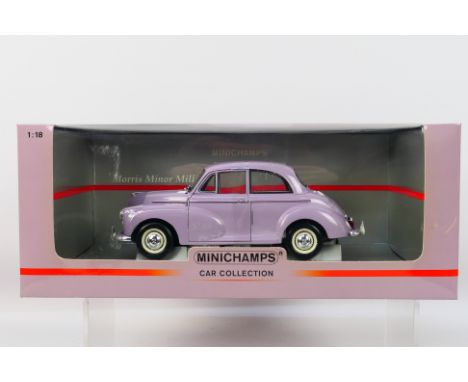 Minichamps - A boxed Minichamps Limited Edition #150137001 1:18 scale Morris Minor Million. The model in lilac appears to be 