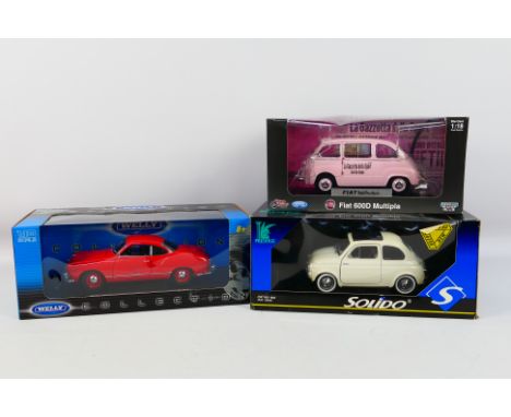 Welly - Solido - Unique Replicas - Three boxed 1:18 scale model cars. Lot includes Unique Replicas Fiat 600D Multipa; Solido 