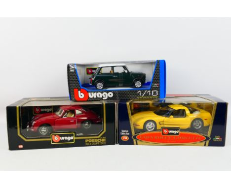 Bburago - Three boxed 1:18 scale diecast model cars from Bburago, including 1969 Mini Cooper; 1997 Chevrolet Corvette; togeth