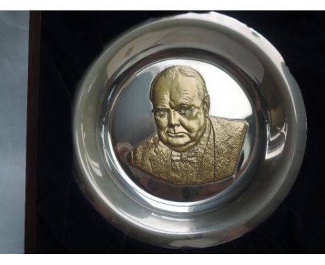A 1974 limited edition Churchill Centenary Trust commemorative silver  plate having gold plated relief portrait decoration, p