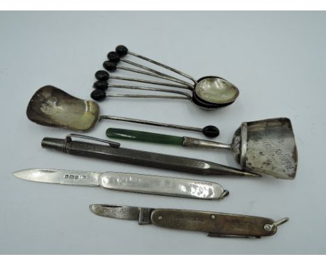 A selection of HM silver and white metal including Yard O Led propelling pencil, set of coffee spoons having coffee bean knop
