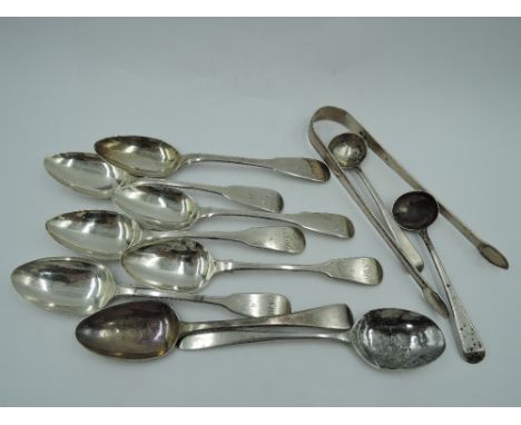 A selection of Georgian silver teaspoons including six (5 &amp; 1) Scottish silver of plain fiddle back form bearing monogram