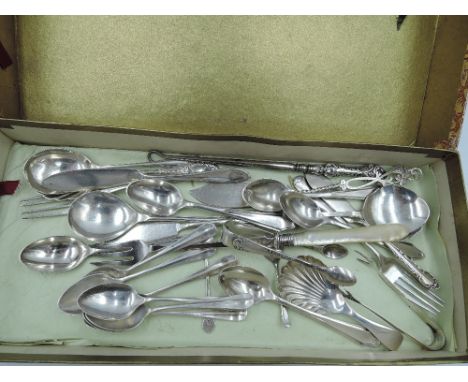 A selection of HM silver flatware including tea and coffee spoons, caddy spoon, butter knives, pickle forks etc, approx 413g
