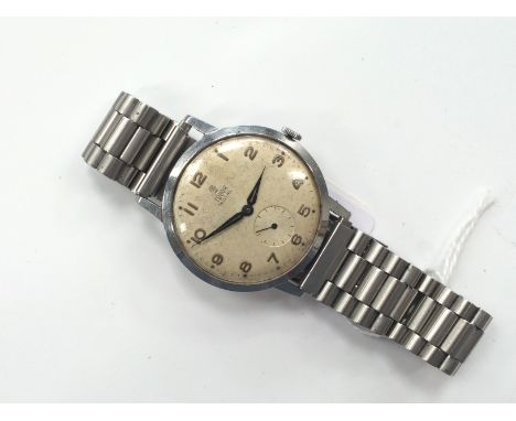 A Gentleman's stainless steel cased Tudor Royal (Rolex) manual wind wristwatch, ivory dial, Arabic numerical dial, subsidiary