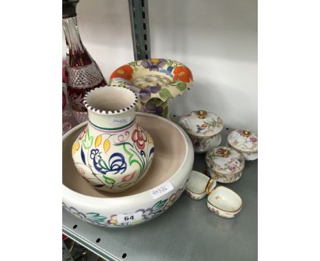 A Poole Pottery fruit bowl decorated in the XA pattern together with a Poole Pottery traditional vase decorated in the LE pat