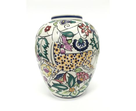 A Poole Pottery earthenware traditional vase painted in the SK Persian Deer design by Susan Russell (6 inches high).