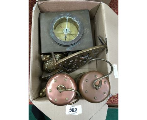 Two reproduction brass minors lamps together with a brass nautical compass and other brassware.