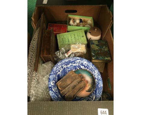 A Copeland Spode Italian pattern dish, a similar bowl, Benares Brass box, enamel tray, opera glasses, Chinese paintings etc.