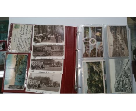 A red postcard album containing Torpedo Recognition First World War, Bournemouth, The Pavilion, Zigzag, The Pier, (few reprin
