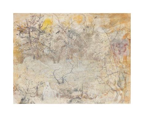  VICTORIA CROWE O.B.E., F.R.S.E., R.S.A. (SCOTTISH 1945-) WINTER LIGHT, ONE SNOWMAN Signed lower right, oil and mixed media o