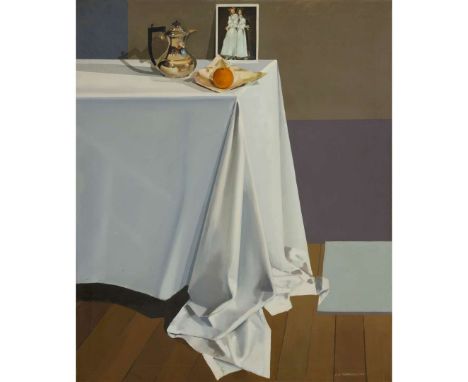  JACK MORROCCO (SCOTTISH 1953-) STILL LIFE: SILVER TEA POT ON A WHITE CLOTH - 1974 Signed and dated '74 lower right, oil on c