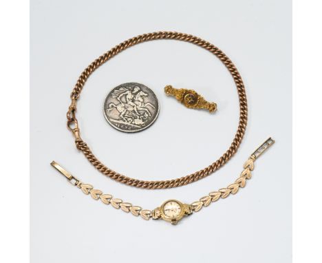 A mixed lot to include a 9ct gold watch chain, 32.89gm, a 9ct gold cased &amp; bracelet Rotary wristwatch, 11.38gm, a 9ct yel