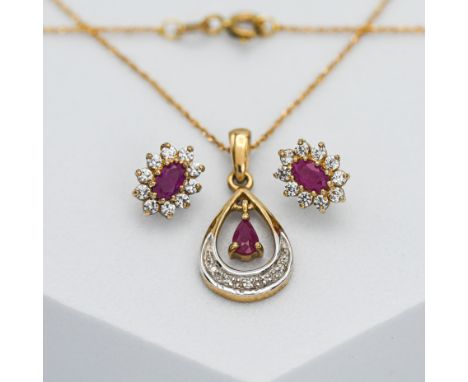 A 9ct yellow gold diamond and ruby necklace together with a pair of 9ct gold diamond and ruby stud earrings.