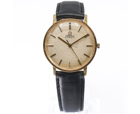 Omega, a vintage automatic mid-size Omega wristwatch on replacement black leather strap, comes with vintage red Omega box, cu