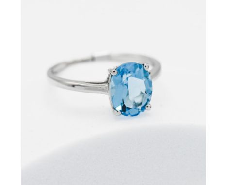 A 9ct white gold ring set with 3.48 carats of oval cut Swiss blue topaz, 2.60gm (weighed with tag on), size R to S, comes wit