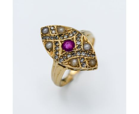 A 15ct yellow gold ruby, diamond and pearl marquise shaped ring, centre ruby approx 20 points with six round pearls and twent