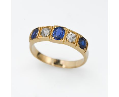 A yellow gold diamond and sapphire ring, size N (not hallmarked or tested).