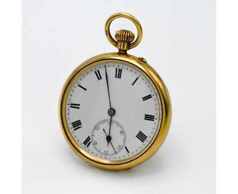 An 18ct yellow gold open face and key less pocket watch with roman numerals and sub second dial, marked on movement Goldsmith