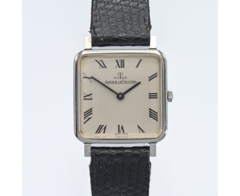 Jaeger Le Coultre, a vintage Jaeger Le Coultre square shaped stainless steel wristwatch, mechanical movement, on black leathe