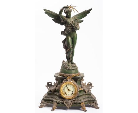 Ansonia a spelter figural mantel clock the eight-day duration movement striking the hours and half-hours on a gong and stampe