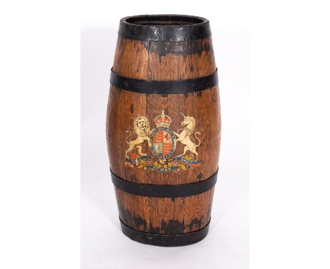 A Victorian metal bound oak and transfer applied stick stand, late 19th century; of barrel form and coopered construction; wi