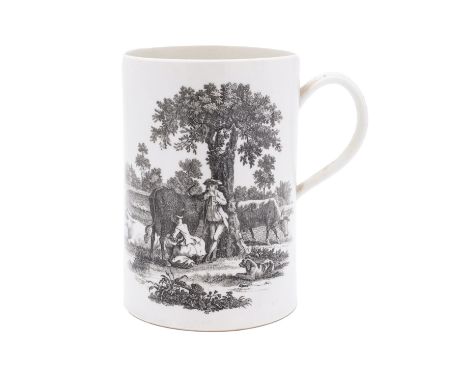 A First Period Worcester large cylindrical mug transfer printed in black after Robert Hancock with the 'Rural Lovers' and 'Mi