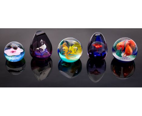 Five Caithness paperweights comprising,  a Dragon Fly Weight, numbered 115/500; Accord, numbered 306/750; Fire Birds, numbere