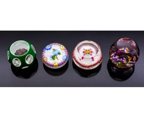 Four Perthshire miniature paperweights, comprising a Double Overlay Weight the green and white cut with thirteen printies and