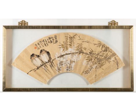 A Chinese fan painting, a Japanese painting of an owl  and a reproduction print the first depicting a pair of birds amongst w