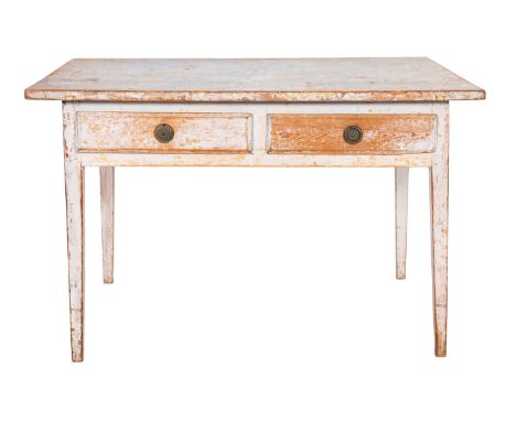 A painted pine preparation table, almost certainly Swedish, early 19th century; the front with two drawers, each with twin me