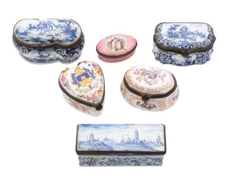 A group of Continental pottery snuff boxes together with a Staffordshire enamel patch box including three in Dutch blue and w