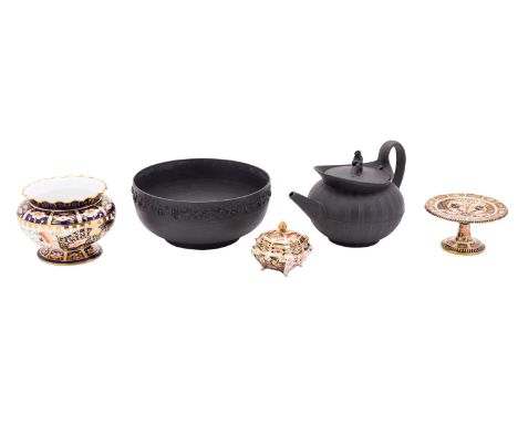 A mixed lot of Royal Crown Derby Imari porcelain and Wedgwood black basalt comprising a Royal Crown Derby pedestal bowl with 
