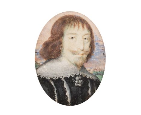 Attributed to John Hoskins (British, c.1590-1664) -Miniature portrait of a courtier, head and shoulders, wearing a black doub