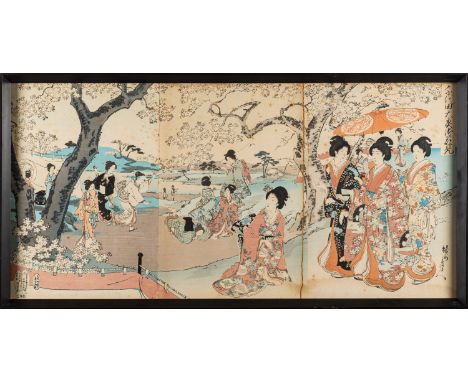 Two Japanese triptych woodcut prints by Utagawa Hiroshige I [1797-1858] and Toyohara Chikanobu [1838-1912]  the first depicti