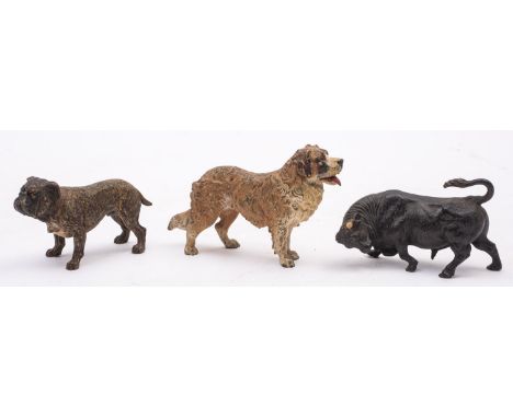 Two Viennese cold painted bronze models of dogs, early 20th century, naturalistically portrayed and coloured; both with GESCH